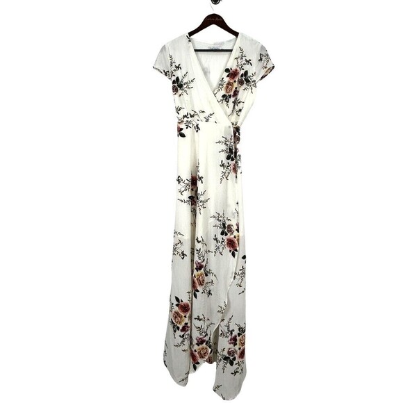Showpo Womens Size 14 Cream Floral Wrap Coss Maxi Dress Cap Sleeves Flowy T4 - Picture 1 of 12